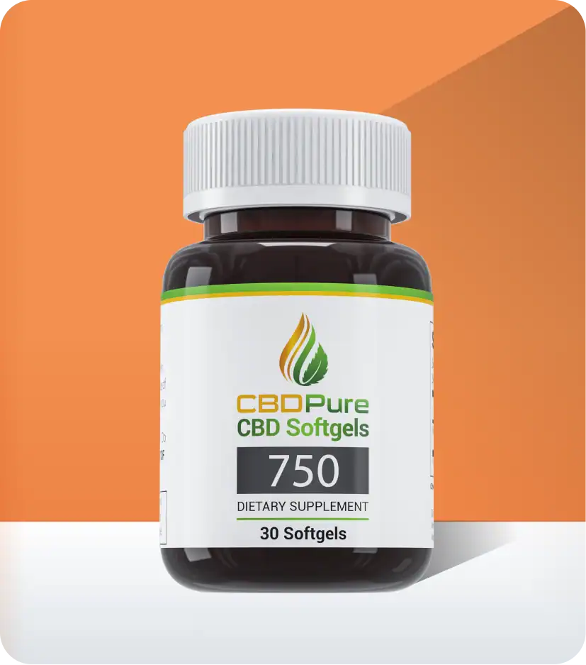 Bottle of CBD softgels on an orange background.